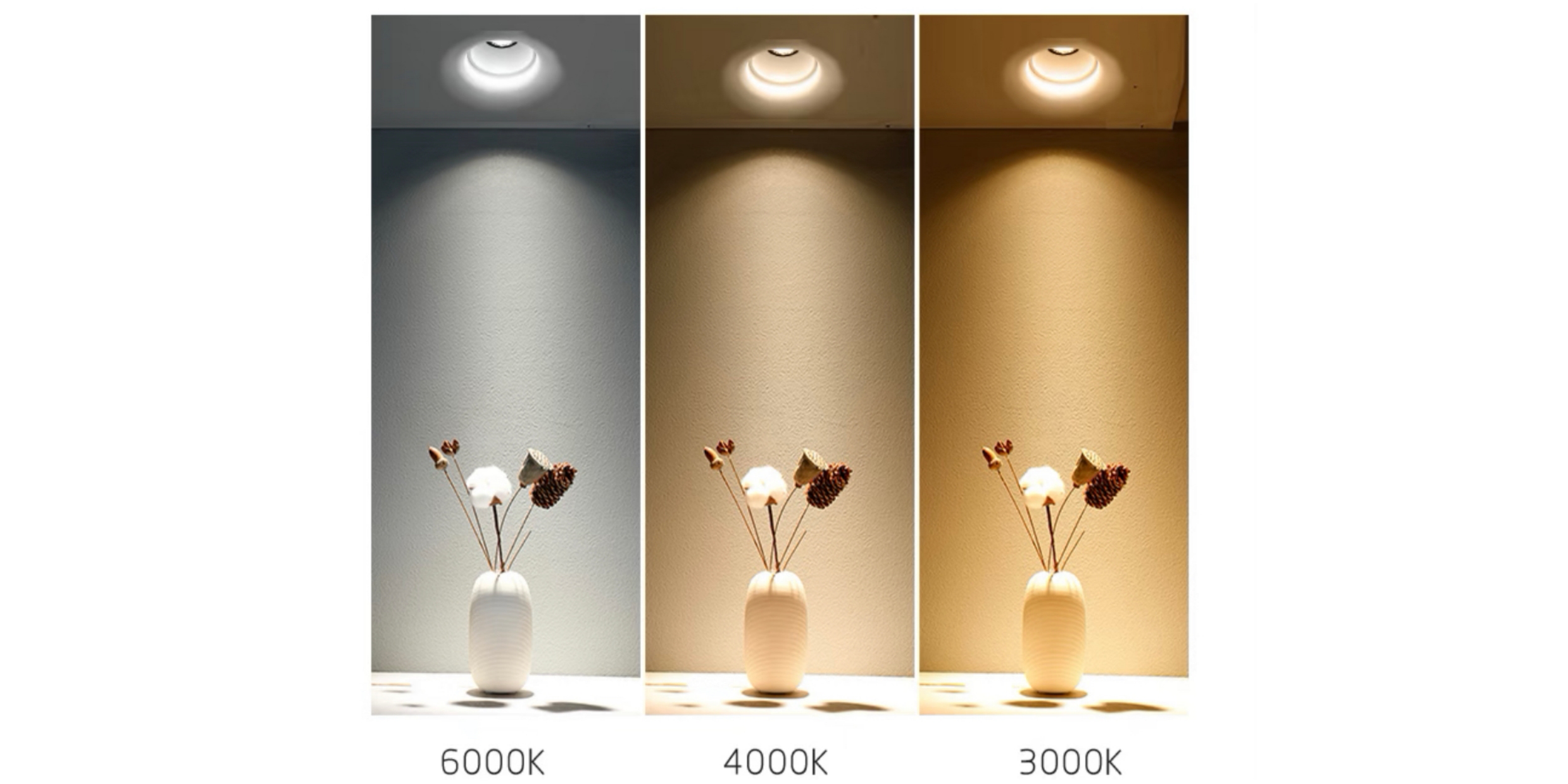 Color temperature comparison showing 6000K cool, 4000K neutral, and 3000K warm white light effects on room ambiance.